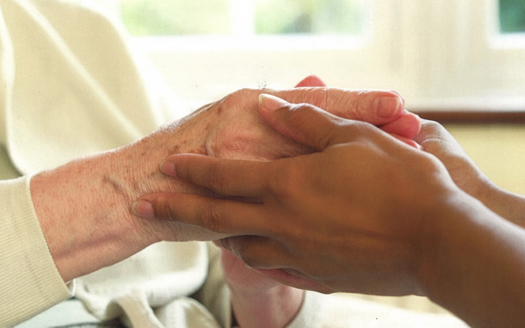 A caregiver's hands gently holding the hands of an elderly person, symbolizing support and compassion.